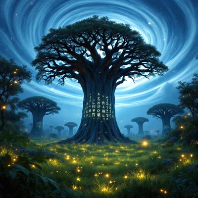 Primary subject: A large tree with a message carved into it.
Setting/background: A forest with many trees, including a large tree with a message carved into it.
Visual style: Digital art
Colors and mood: The image is colorful and has a whimsical, magical atmosphere.